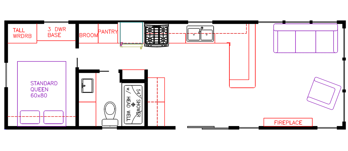 Elevation Park Model Company Floorplan 5-100, Non-Loft Unit