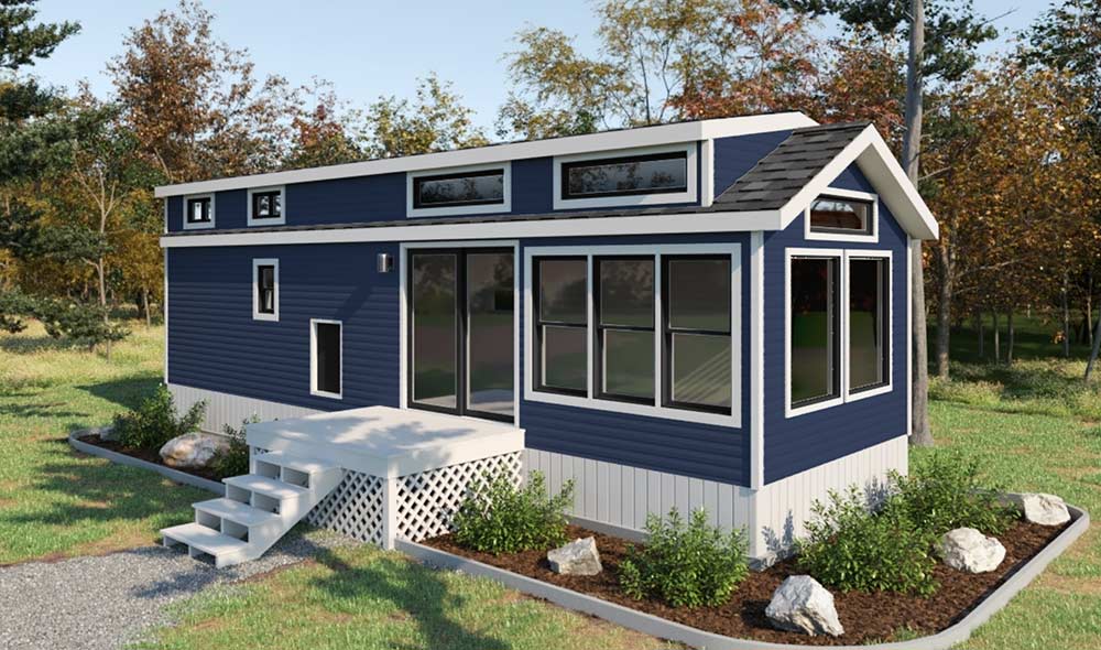 Elevation Park Models, design your own home (indigo blue siding).